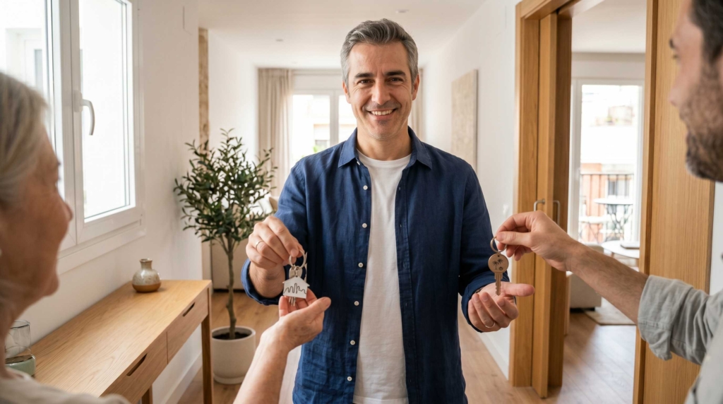 propietario entregando y recibiendo llaves al vender y comprar vivienda