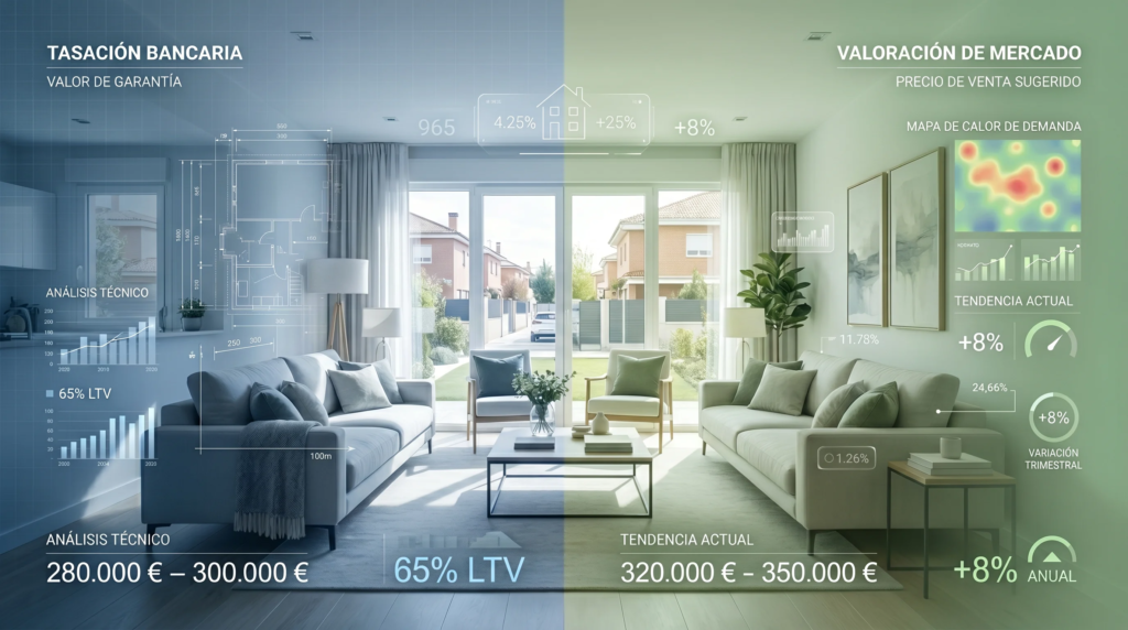 Interior de vivienda en Alcorcón con representación visual de tasación inmobiliaria y valoración de mercado