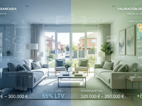 Interior de vivienda en Alcorcón con representación visual de tasación inmobiliaria y valoración de mercado