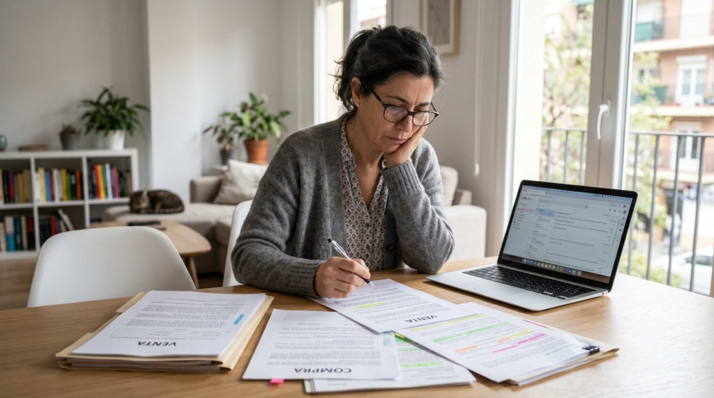 persona revisando documentos inmobiliarios con dudas antes de tomar decisión