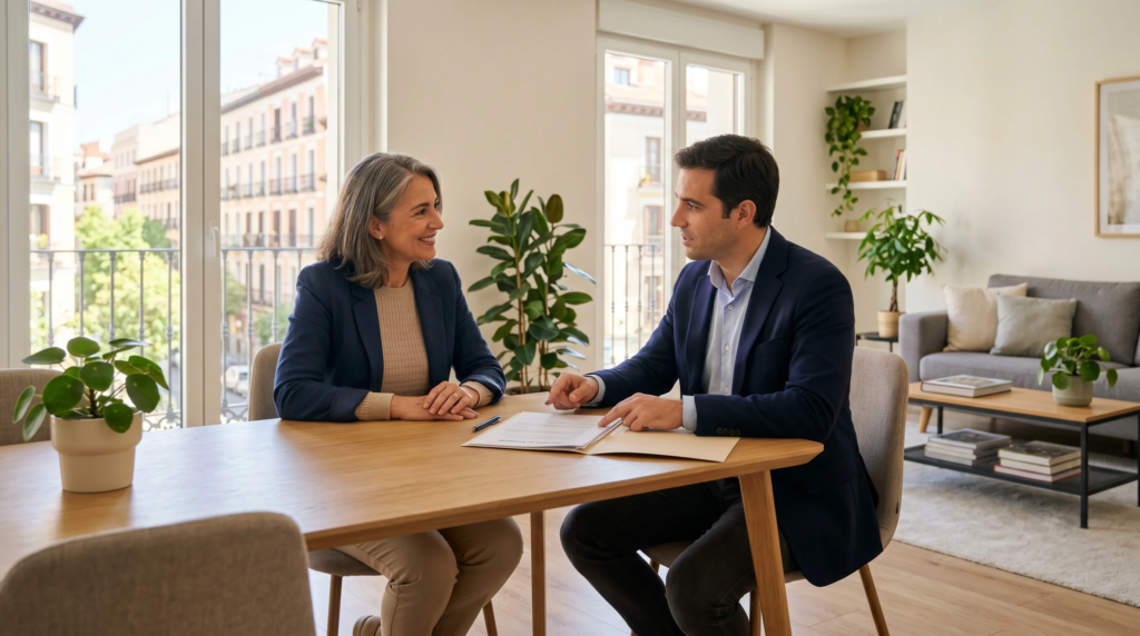 Propietario revisando el alquiler de su vivienda junto a un asesor inmobiliario