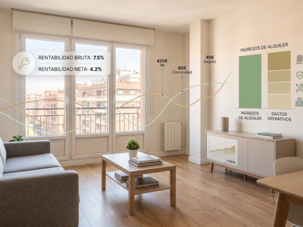 Interior de una vivienda con gráficos superpuestos sobre rentabilidad y gastos de un piso de alquiler en Alcorcón