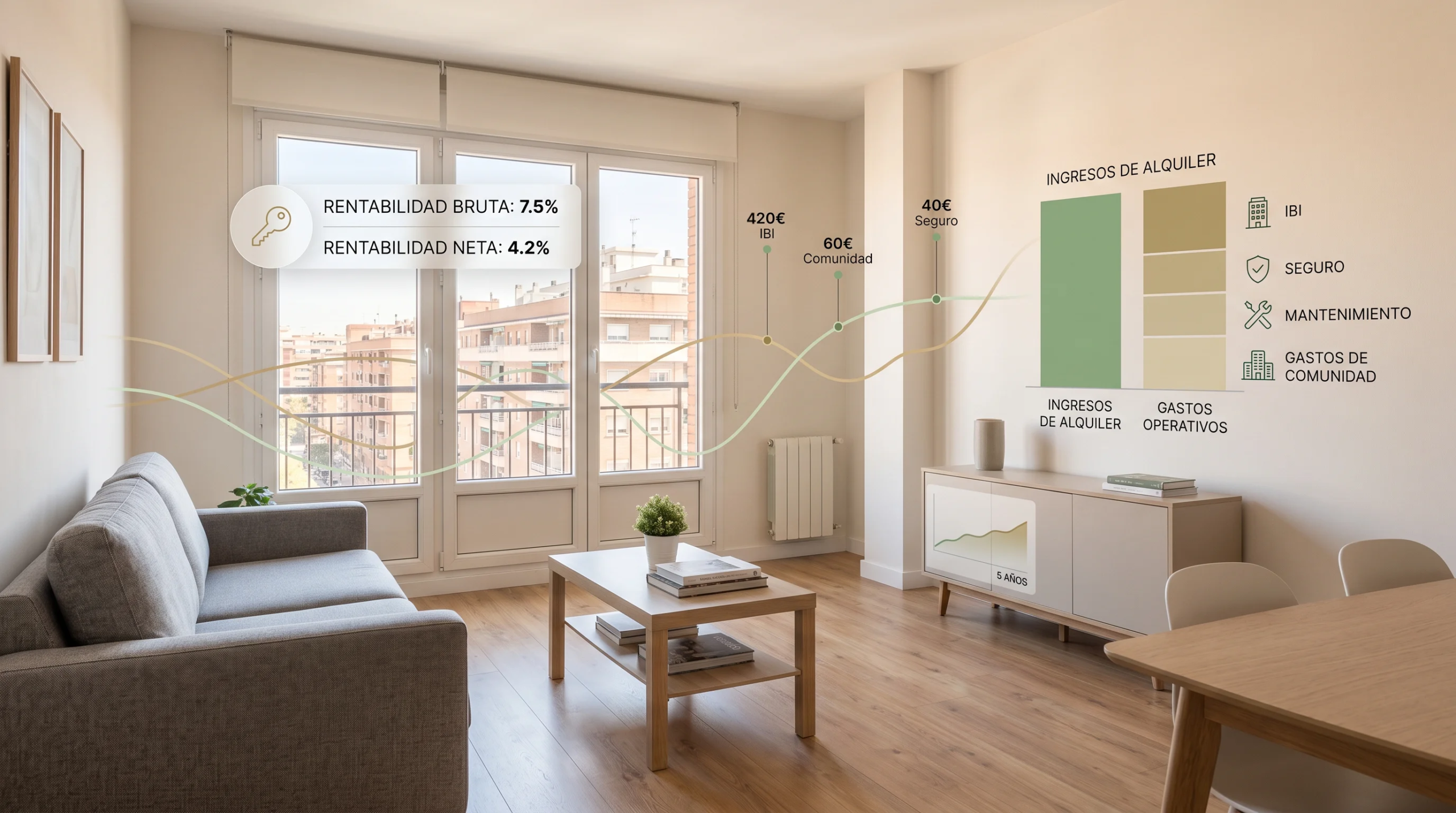 Interior de una vivienda con gráficos superpuestos sobre rentabilidad y gastos de un piso de alquiler en Alcorcón