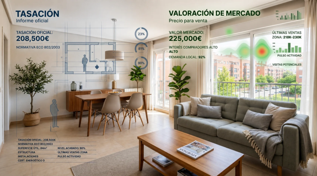 Vivienda dividida visualmente entre tasación técnica y valoración de mercado con diferentes criterios de análisis