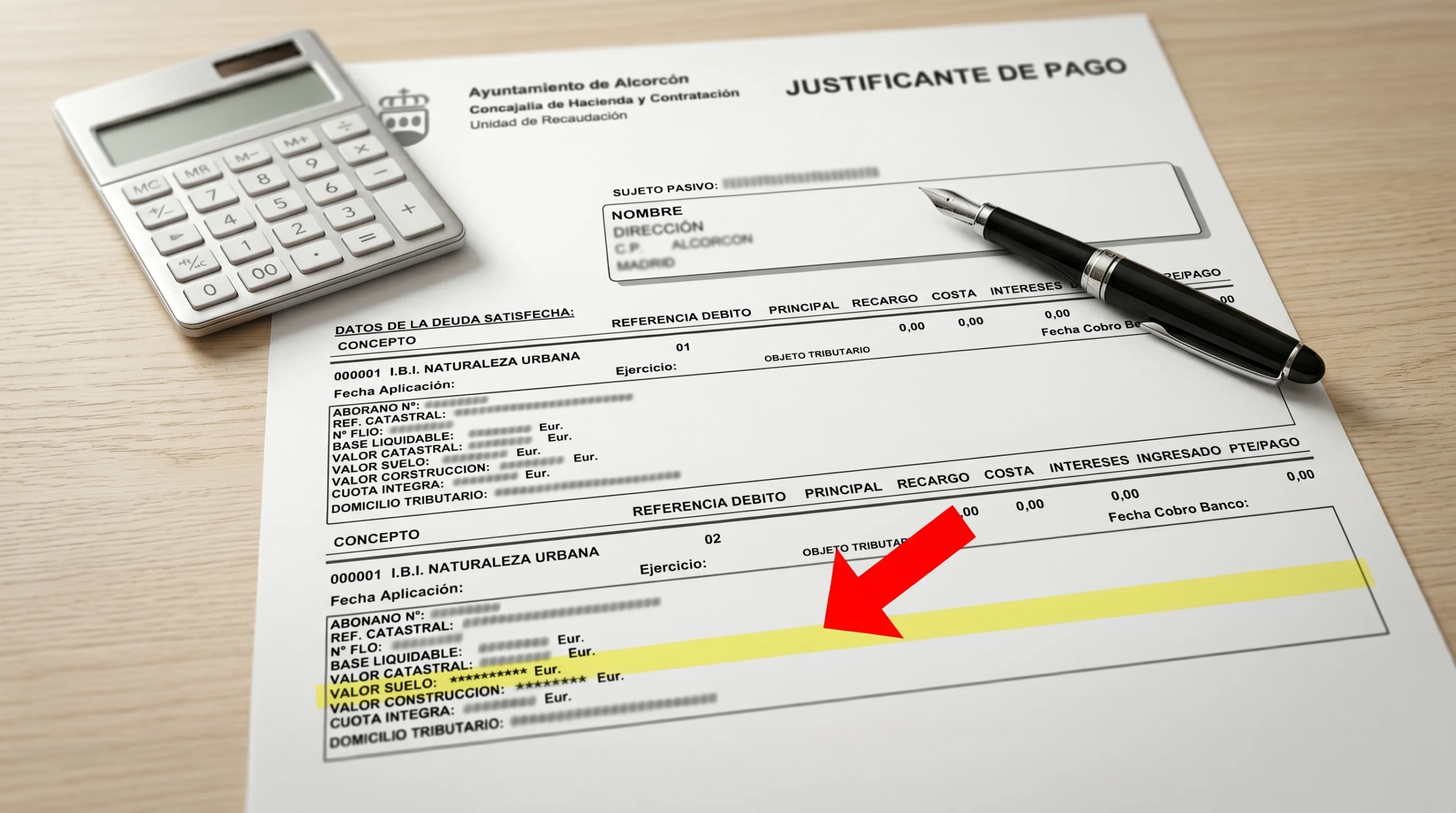 Recibo del IBI con el valor catastral del suelo destacado para calcular la plusvalía municipal