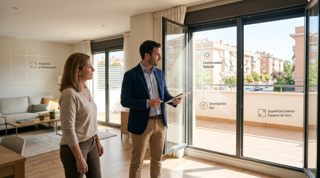 Asesor inmobiliario analizando una vivienda junto al propietario durante una valoración presencial