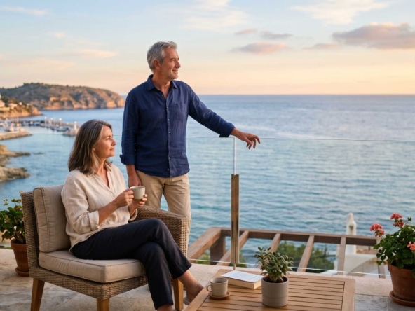 pareja en terraza frente al mar tras vender su vivienda en Madrid
