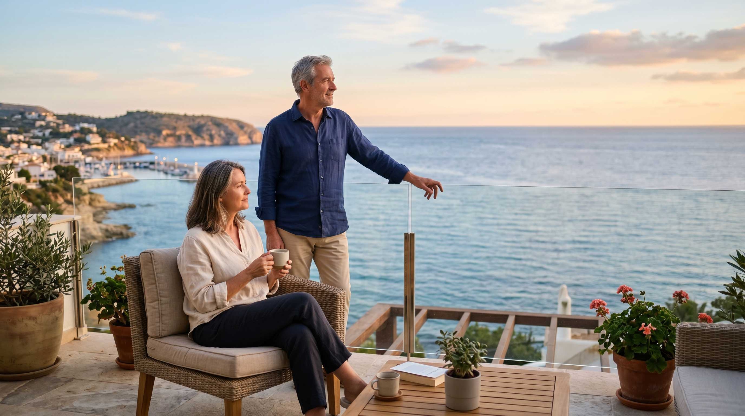 pareja en terraza frente al mar tras vender su vivienda en Madrid