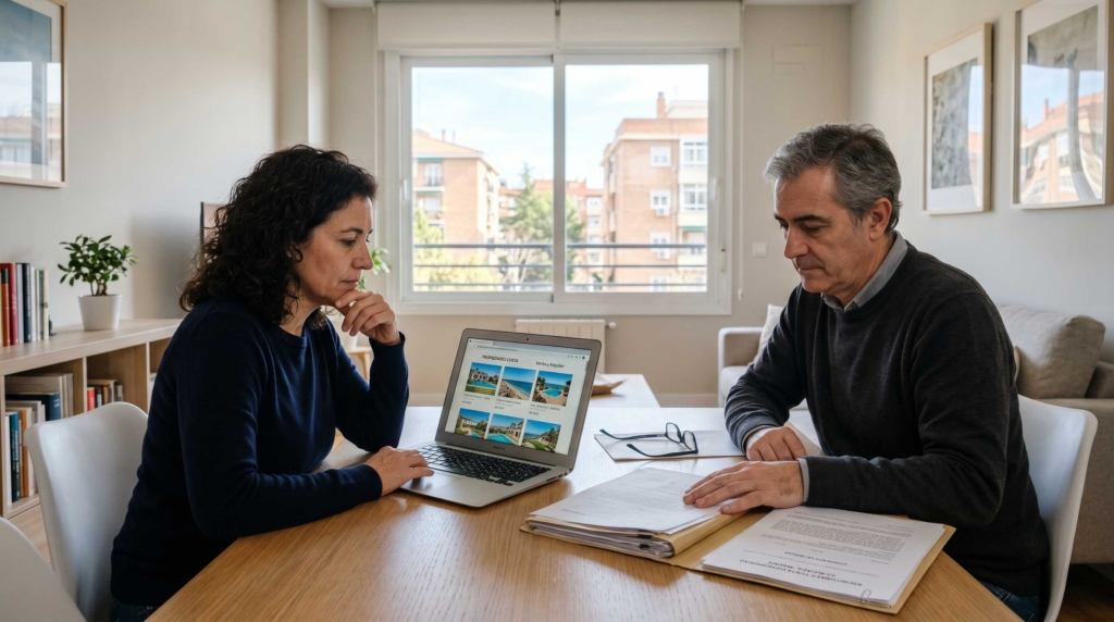 pareja analizando documentos y viviendas antes de vender su casa