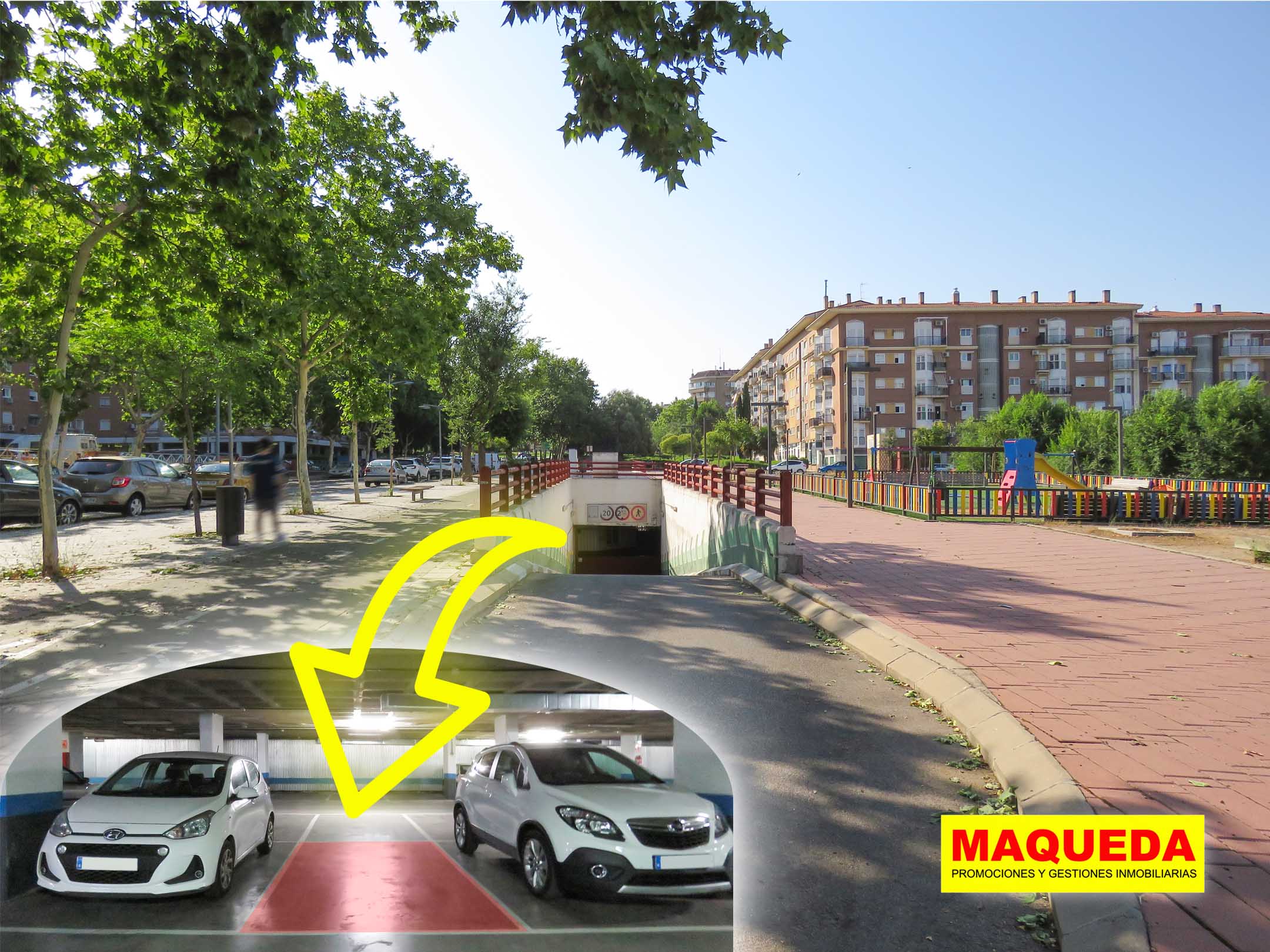 Fachada y detalle de la plaza de garaje en venta en Avenida del Oeste, Alcorcón